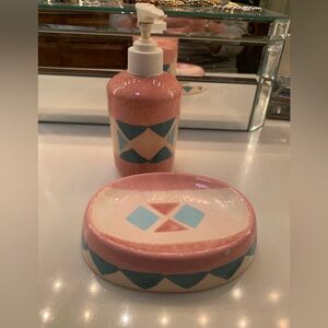 Vintage Geometric Peach & Turquoise Bath Soap Dispenser & Soap Dish